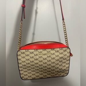 Michael Kors Red and Tan Logo Crossbody Bag
